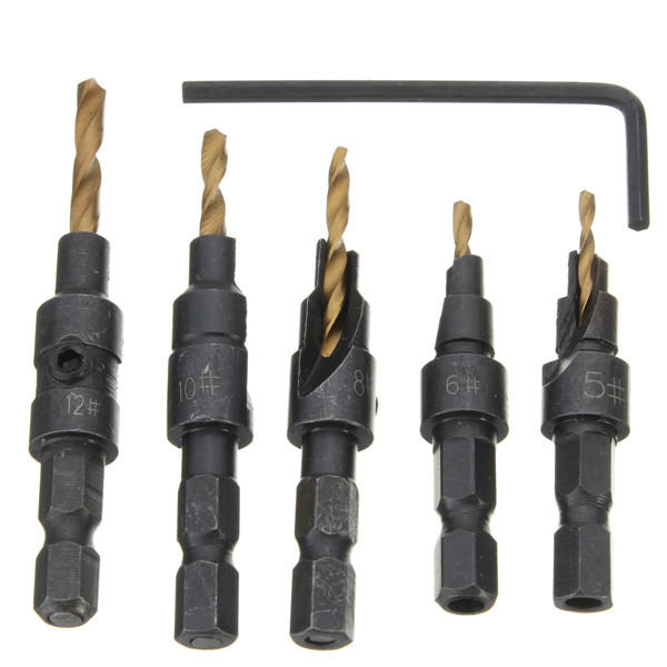 Titanium Coated Drill Bit Set - 5pcs 1/4 Inch Hex Shank - Quick Change Wood Working